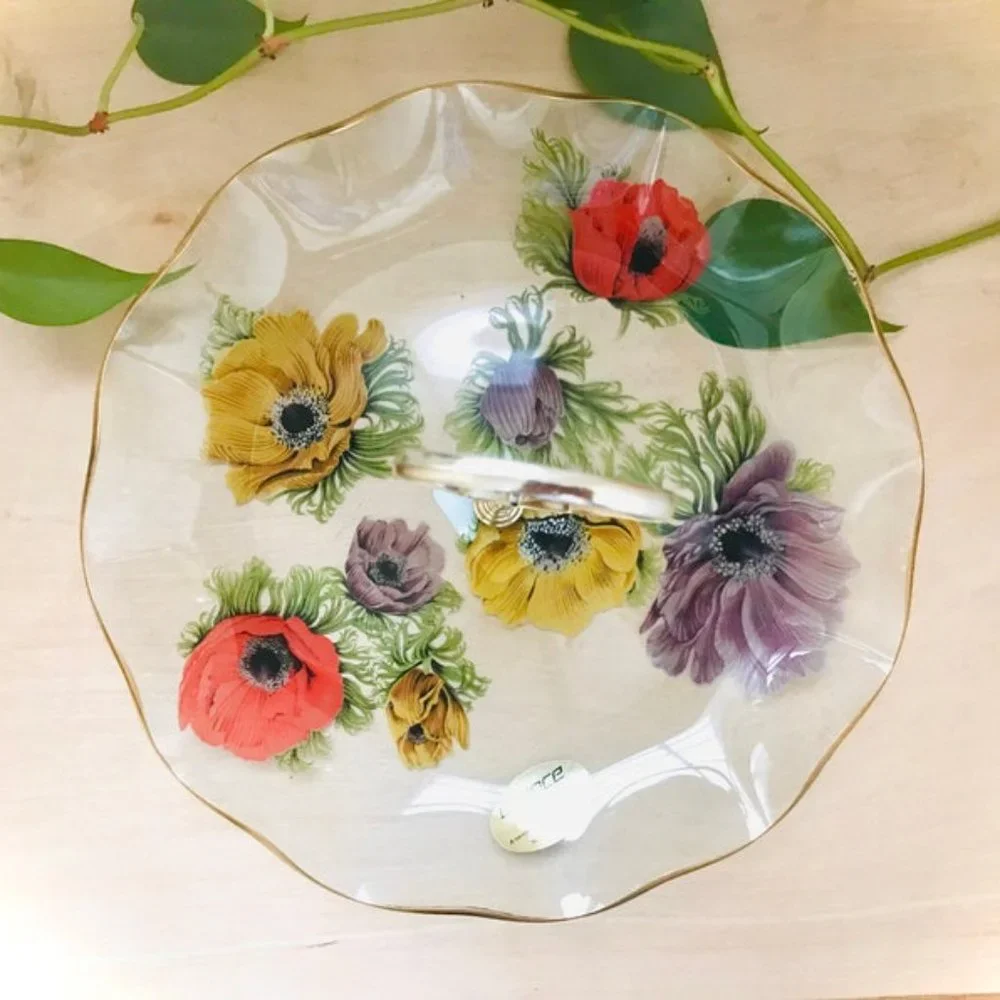 Chance Glass Dessert Plate Dish - 1960s - Anemone Made in England Poppies - Picture 2 of 8